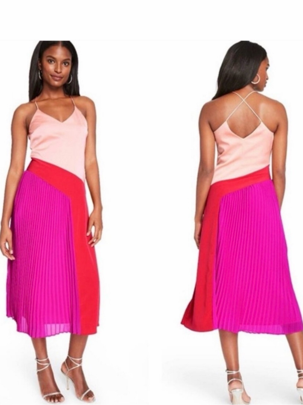 Cushnie for Target Colorblock Pink and Red Pleated Midi Dress